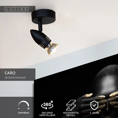 Lucide CARO - Deckenstrahler - Ø 9 cm - 1xGU10 - Schwarz - USP